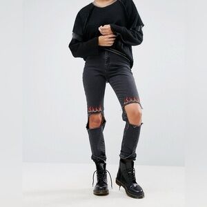 The Ragged Priest High Waisted Mom Jeans With Ripped Knee And Flame Embroidery